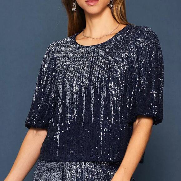 Skies Are Blue Sequin Navy Silver Bubble Sleeve Top Size XS - Picture 1 of 7